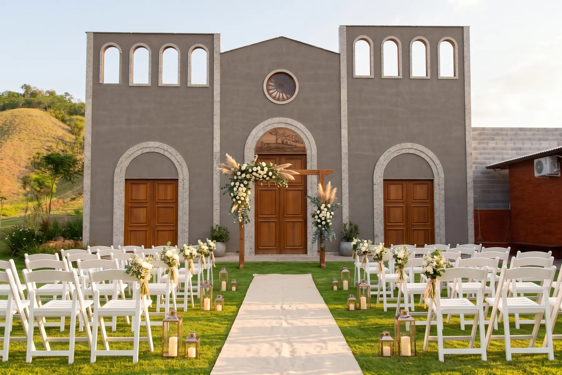 Simulação de cerimônia de casamento no gramado em frente à fachada