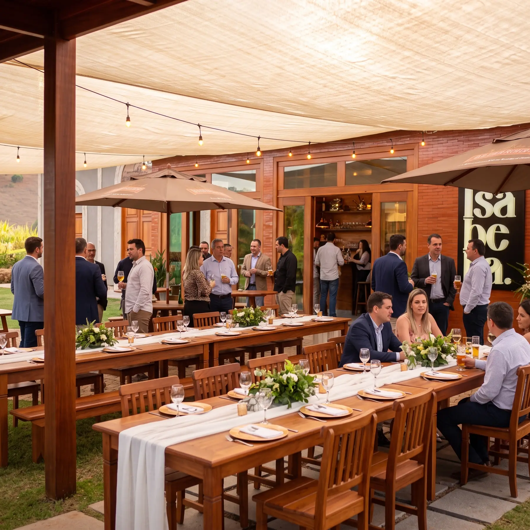 Simulação de festa de empresa com mesas compridas no pátio sob os toldos